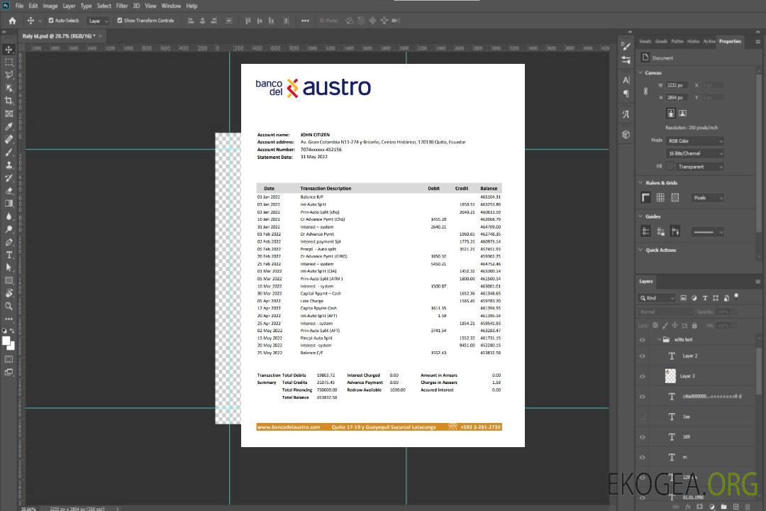 Relevé bancaire de la Banco del Austro en Équateur template Relevé bancaire de la Banco del Austro en Équateur template